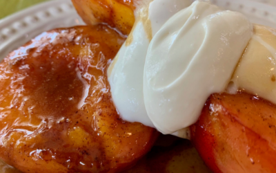 Caramelized Peaches With Caramel Sauce and Cream Cheese Topping