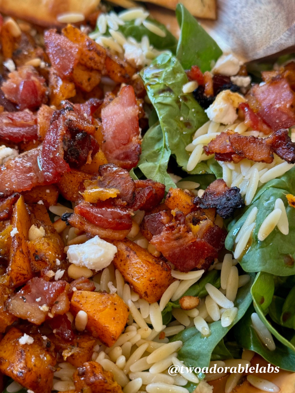 Butternut Squash Orzo Spinach Salad with Candied Bacon | www.twoadorablelabs.com