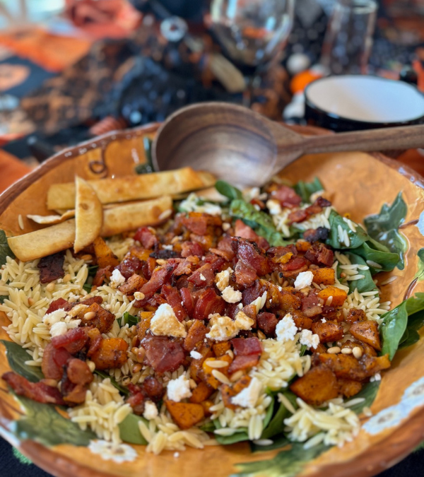 Butternut Squash Orzo Spinach Salad With Candied Bacon