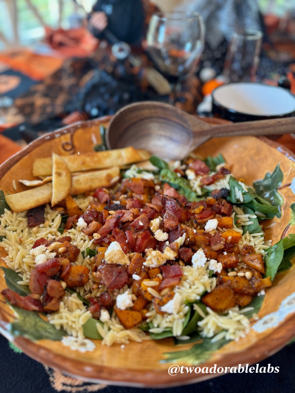 Butternut Squash Orzo Spinach Salad with Candied Bacon | www.twoadorablelabs.com