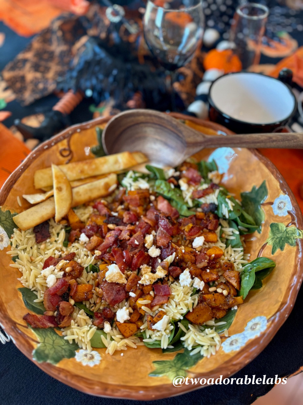 Butternut Squash Orzo Spinach Salad with Candied Bacon | www.twoadorablelabs.com