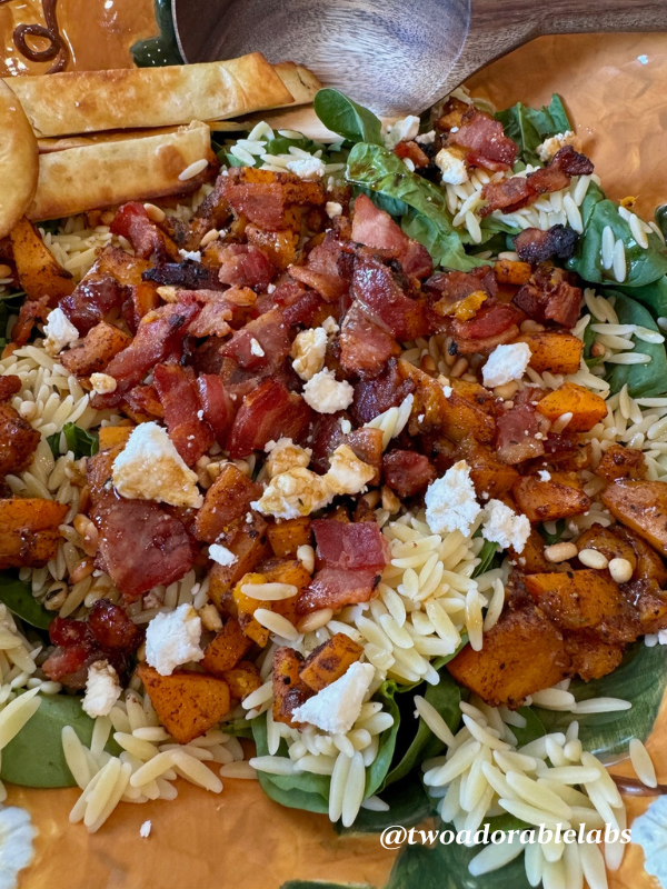 Butternut Squash Orzo Spinach Salad with Candied Bacon | www.twoadorablelabs.com